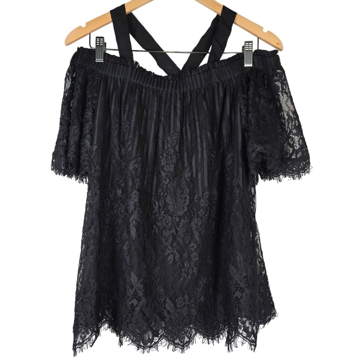 Chelsea 28 Black Lace Off Shoulder Crisscross Neck Ruffle Blouse Top S
